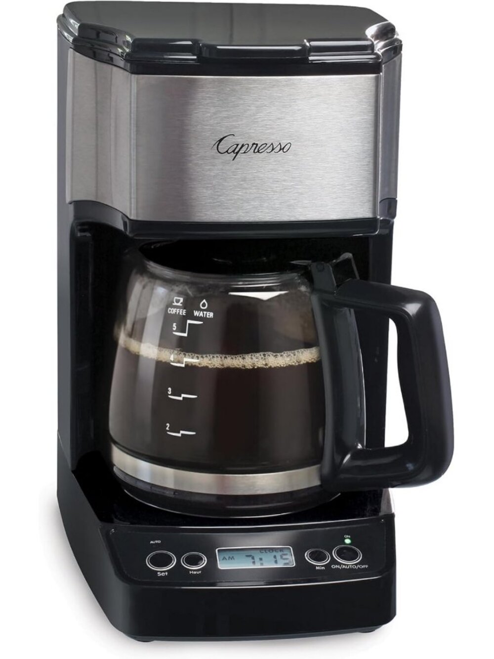 Compact 5-Cup Drip Coffee Maker - Sleek Black & Stainless Steel Design, Perfect